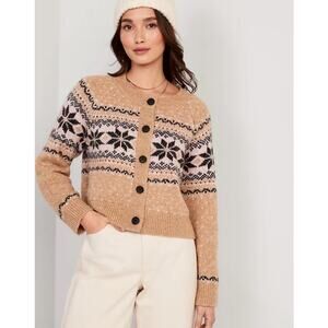 Old Navy Womens Fair Isle Cardigan Sweater Button Up M Tan Pink Winter Cozy Wool